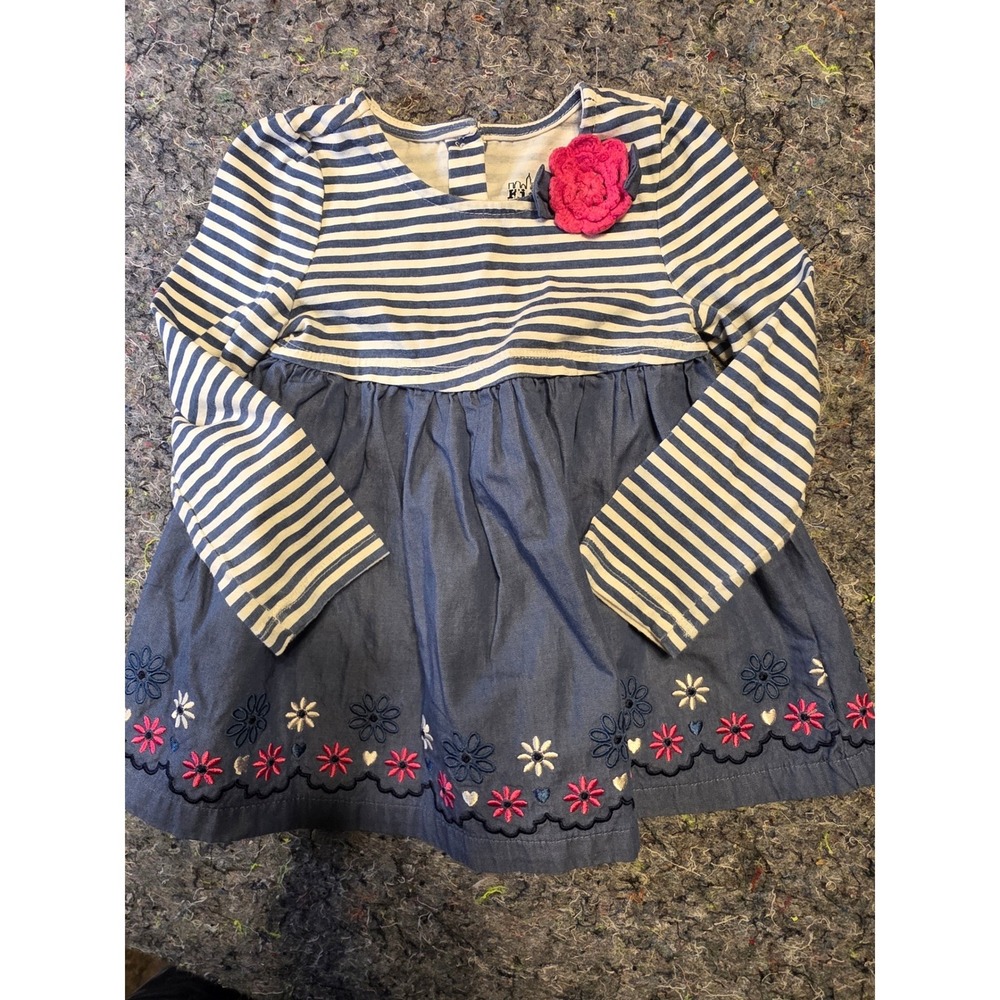 983 Kids Headquarter Girls 24M blu/wht Striped Floral Embroidered Chambray Dress